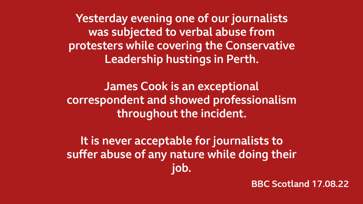 We regularly shares stories about journalists being abused and imprisoned for doing their job in countries around the world. Scotland should be better than that.

@BBCJamesCook is an excellent journalist - better than BBC Scotland deserves.

Now this is all MSM are talking about. https://t.co/SfvvxzFwsx