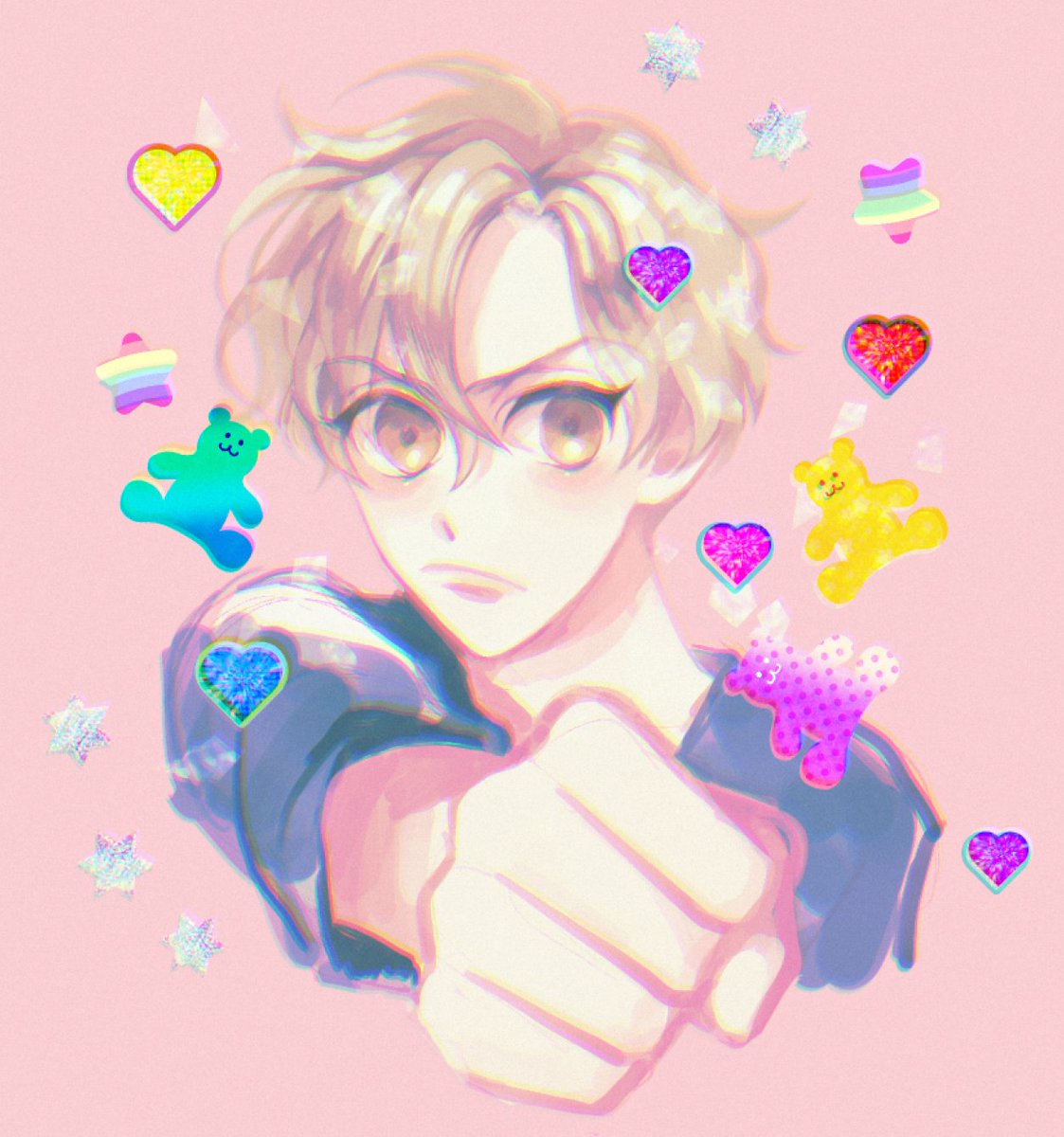 1boy male focus solo heart blonde hair pink background brown eyes  illustration images