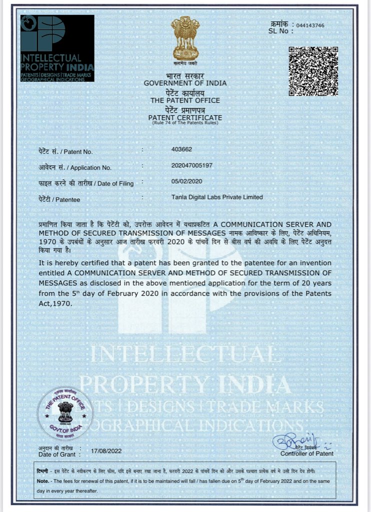 MeAmitMishra's tweet photo. #TanlaPlatforms has now secured another #Patent in India.

Now for both subjects (see pic &amp; below embedded tweet for previous patents in India &amp; US) #Tanla has secured patents in India &amp; US.

Thanks to @kiranshah42 for this update 👍🏼

#Wisely #Trubloq https://t.co/nQ9kbcN7lZ