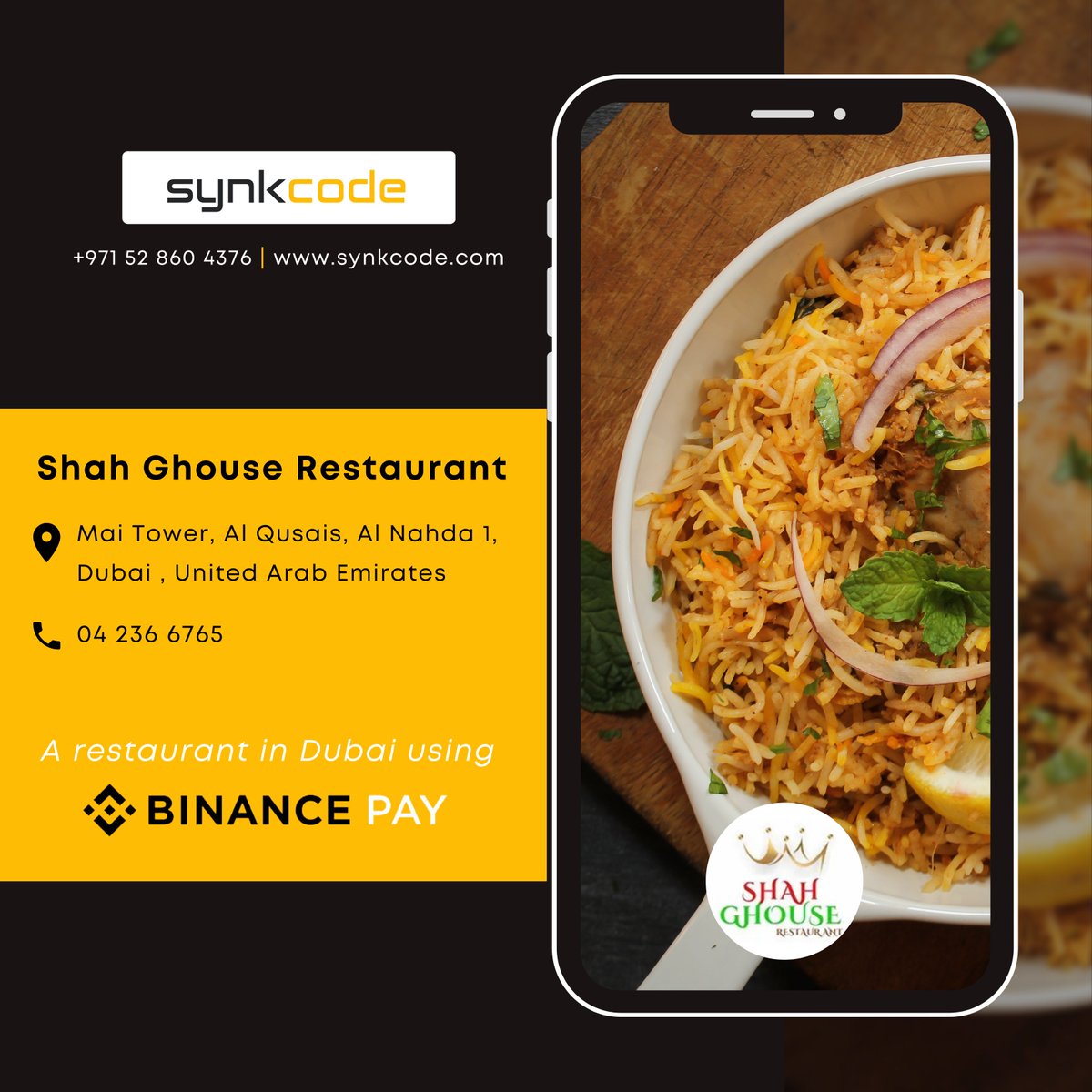 synkcode's tweet photo. Shah Ghouse Restaurant starts accepting crypto as payment using YallaPay.Crypto from Synkcode. Get your free set up now: https://t.co/r85uH6THw6

Synkcode as a channel partner of Binance uses Binance Pay.
#Binance #BinancePay #Crypto #Synkcode #ChannelPartner https://t.co/T5LEXOKgdv