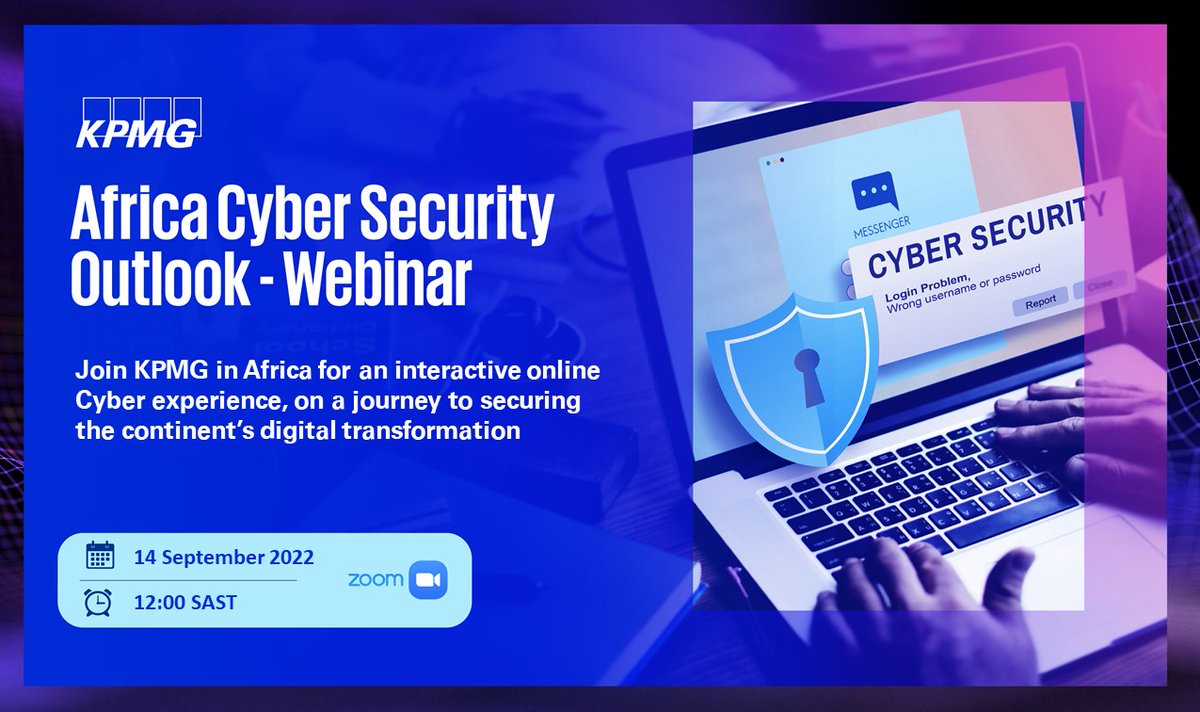 KPMG_Namibia's tweet photo. KPMG is set to launch the Africa Cyber Security Outlook 2022. Join us as we explore the state of #cyber security across the continent, with a view of the cyber landscape in #Africa which is rapidly evolving. 
Register now:https://t.co/EpxIgSM3fO

#KPMGCyberOutlook
#KPMGAfrica https://t.co/Uanp9bWXal