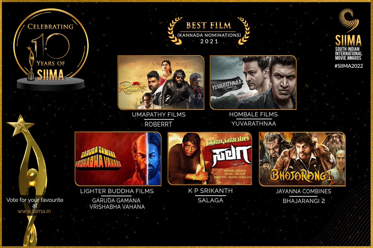 #SIIMANominations for Best Film in Kannada for the year 2021 are #Roberrt #Yuvarathnaa #GarudaGamanaVrishabhaVahana #Salaga #Bhajarangi2   

#10YearsofSIIMA #SIIMA2022