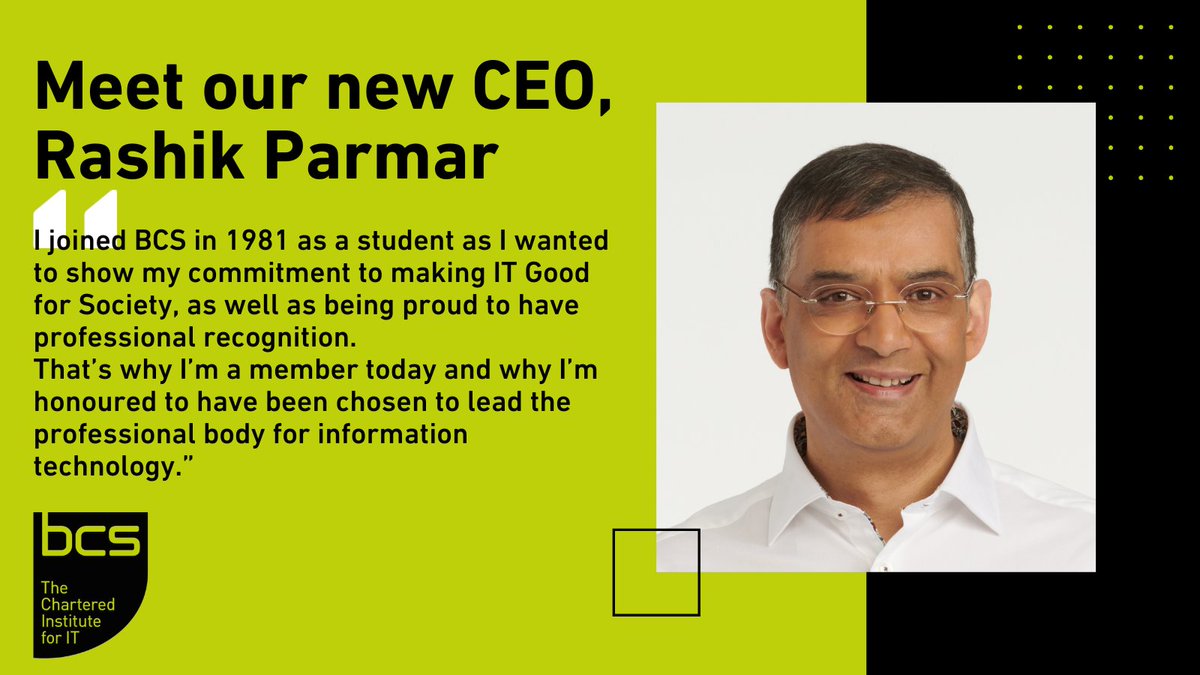 bcs's tweet photo. We’re so excited to announce @RashikParmar MBE as our new CEO
A BCS &amp; @IBM Fellow, Rashik gained his MBE for helping local businesses and for his work at IBM’s Academy of Technology

We look forward to this new &amp; exciting chapter for our organisation 👉  https://t.co/nrxvTVaSsZ https://t.co/KWRF428GL2