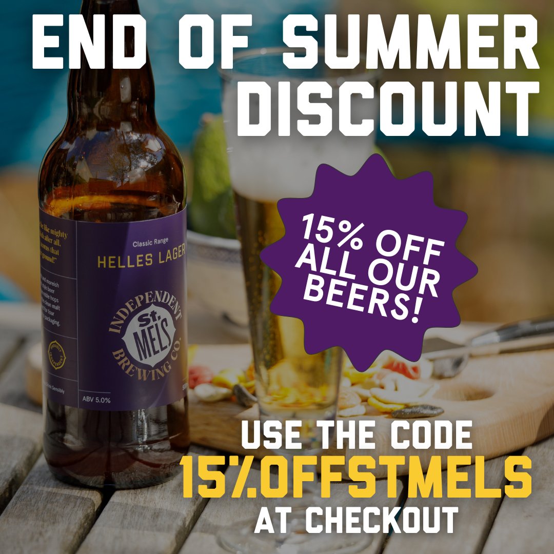 🍺 SUMMER BEER SALE 🍺

Get ANY of our brilliant beers at 15% off!

Use the code 𝟏𝟓%𝐎𝐅𝐅𝐒𝐓𝐌𝐄𝐋𝐒 at checkout - but hurry, the code expires on the 31st of August!

stmelsbrewing.com

#CraftBeer #Longford #StMelsBrewing #StMelsLongford #beersale