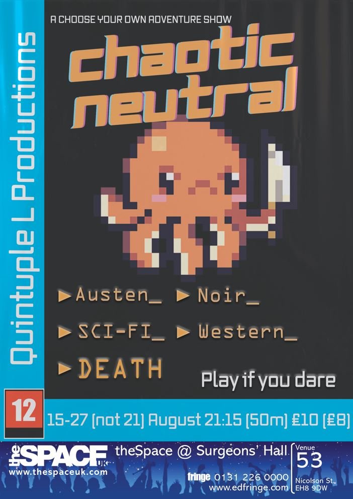 SamJWent's tweet photo. Chaotic Neutral had to turn people away at the door last night. Which was exciting for me, but to avoid disappointment I would book in advance for tonight.

And if you tried to come yesterday and didn't get in we're doing the regency game next on Saturday. #edfringe https://t.co/C8fuocuw3T