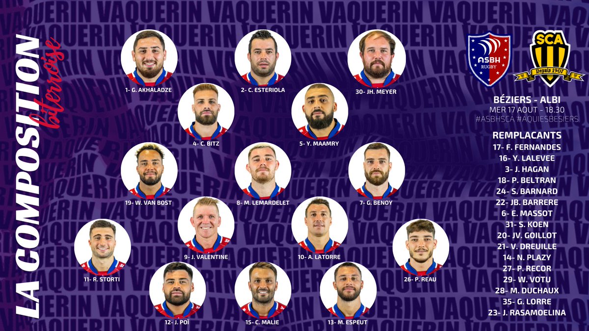 ASBHOfficiel's tweet photo. 🔜 Découvrez la composition de votre équipe 🔴🔵 pour le dernier match 🏉 de préparation face au @SCA_OFFICIEL dans le cadre du #ChallengeVaquerin.
#ASBHSCA #AquiEsBesiers https://t.co/4QJ8InfPFX