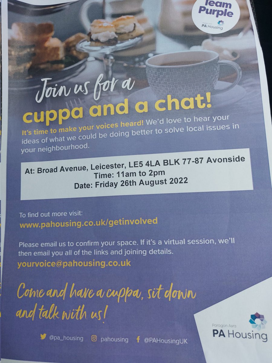 All residents at Broad Avenue, you should all have a leaflet about our cuppa and chat next week. Hope to see you all there. #teampurple