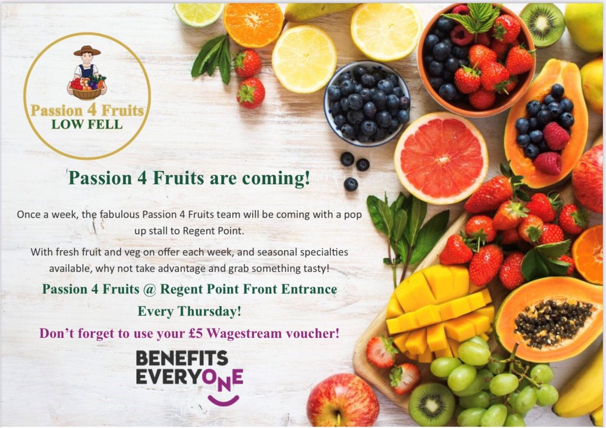 Coming this Thursday 18th August Passion 4 Fruits are coming to Regent Point Grab your fresh fruit 🍏🍊🍉🫐🍎🍇🥕🧅🫒🍠🍅🥦🥝🥑🥭🍈 If you seen the Wagestream team when they were here last week you can redeem your £5 voucher #regentpoint #fruit #vegetables #freshfruit #healthy