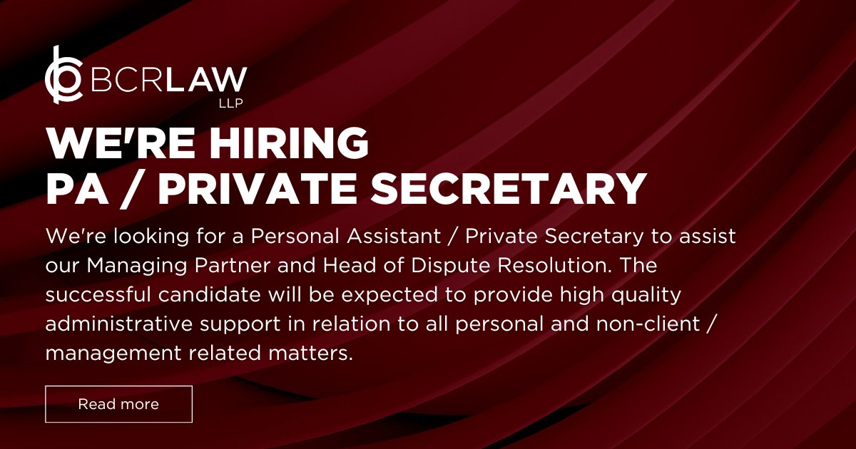 We're looking for a PA / Private Secretary to assist our Managing Partner and Head of Dispute Resolution. To learn more about the role and to apply, click here: bit.ly/3Cc1Pn5