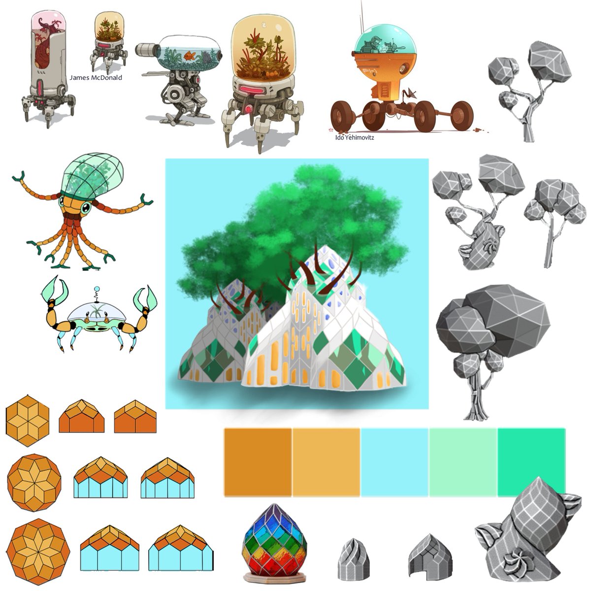 PaperCutterG's tweet photo. An mood board for Verdant Vault. #solarpunk means colors invoking imagery of the sun, nature, and fantastical technology. 

(robot inspiration art in top left/middle from James McDonald and Ido Yehimovitz; other #art is original)
#screenshotsaturday #indiegamedev #dungeoncrawler https://t.co/jeJsjoHiju