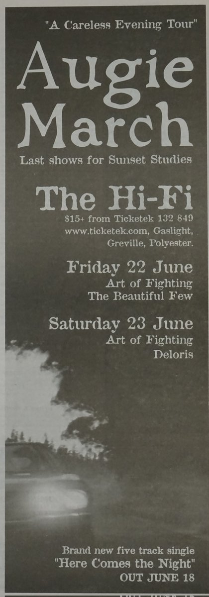 gigsyoumissed's tweet photo. June 2001
Augie March
@ HiFi Bar Melbourne
/w Art Of Fighting + The Beautiful Few + Deloris https://t.co/kcP3HYPRA5