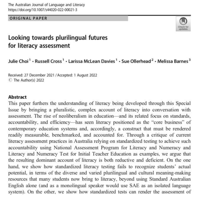 Very happy to see this in print! A privilege to work on this challenging but important piece about #plurilingualassessment with my colleagues at #MGSE
<a href="/MQEducation/">MQEducation</a> <a href="/MultilingualSy1/">Multilingualism Research Centre</a>
