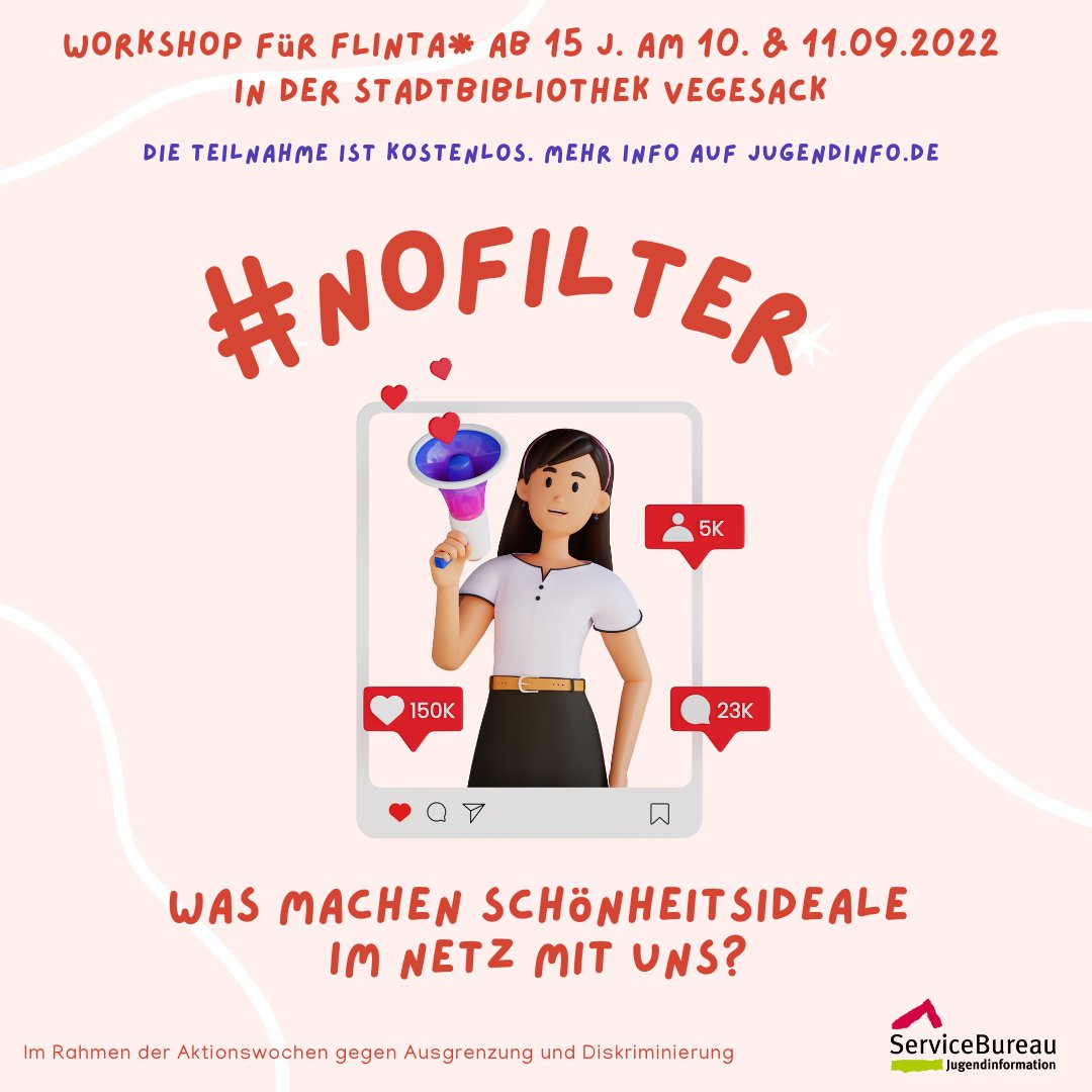 Welche Rolle spielen Filter, straffe Haut und perfekte Posen auf Insta, TikTok &amp; Co für unser Körperbild? Wie gehen wir mit dem „Zwang zur Schönheit“ on- und offline um? in diesem 2-tägigen Workshop dreht sich alles um "Schönheitsideale im Netz" #Bremen 
jugendinfo.de/articles/360743