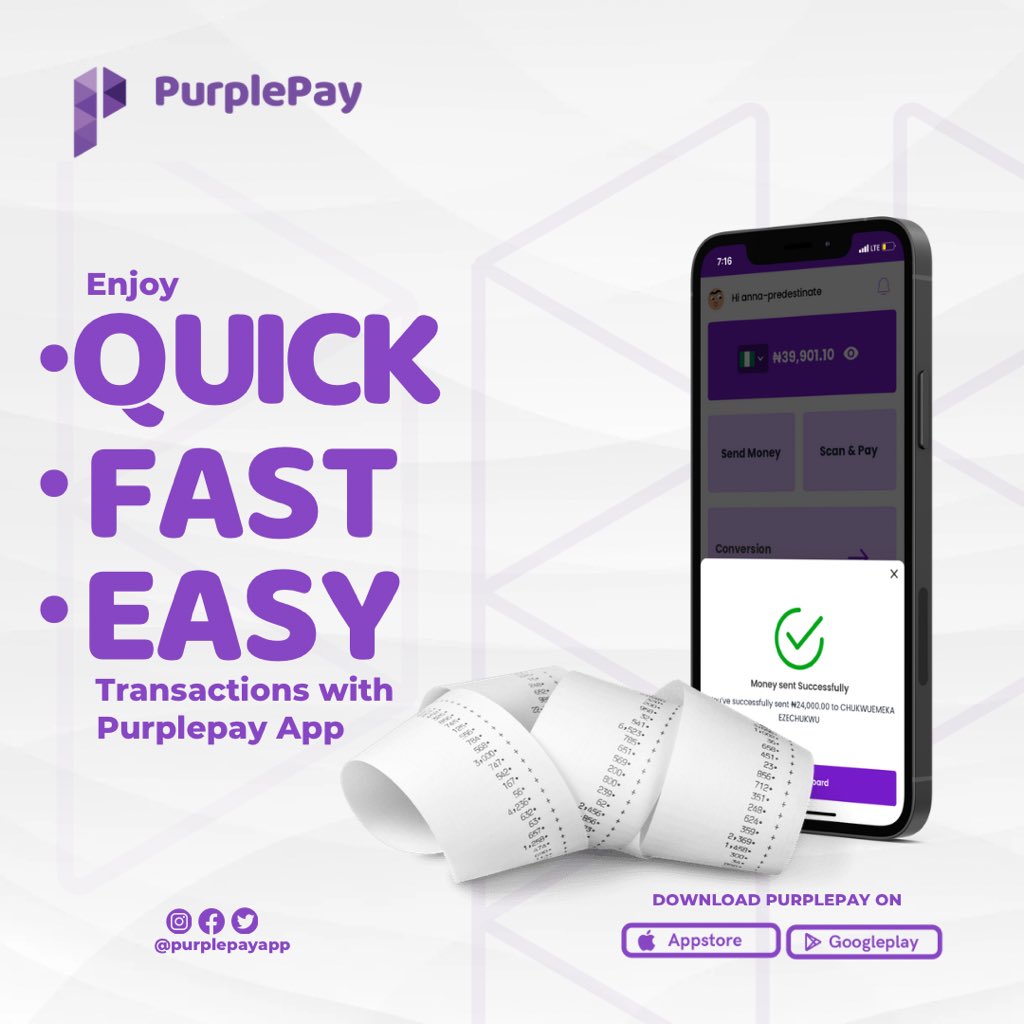 Purplepay_app's tweet image. Enjoy fast and easy transactions with Purplepay App. Say good bye to delayed credit alerts. Download Purplepay today from Googleplay or Apple App stores. Click on the link in our bio. 
.
.
#purplepayapp #purplepay #easytransaction #fastcredit #creditalert #credit