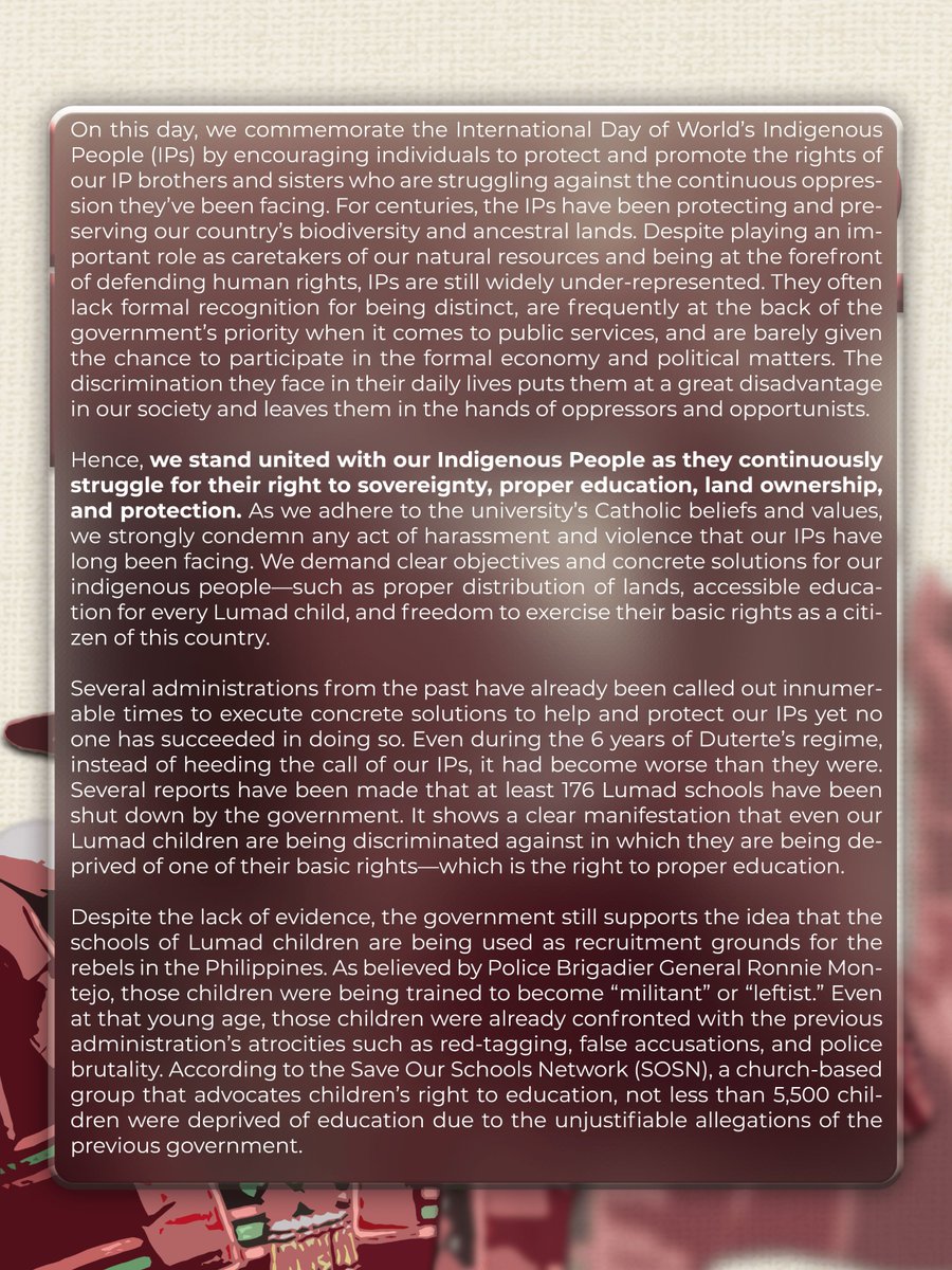 georjettee's tweet photo. Last August 9, we commemorate the International Day of World’s Indigenous People (IPs) by encouraging individuals to protect and promote the rights of our IP brothers and sisters who are struggling against the oppression they’ve been facing. 

#DefendAncestralLands https://t.co/fI6M0PJ9id