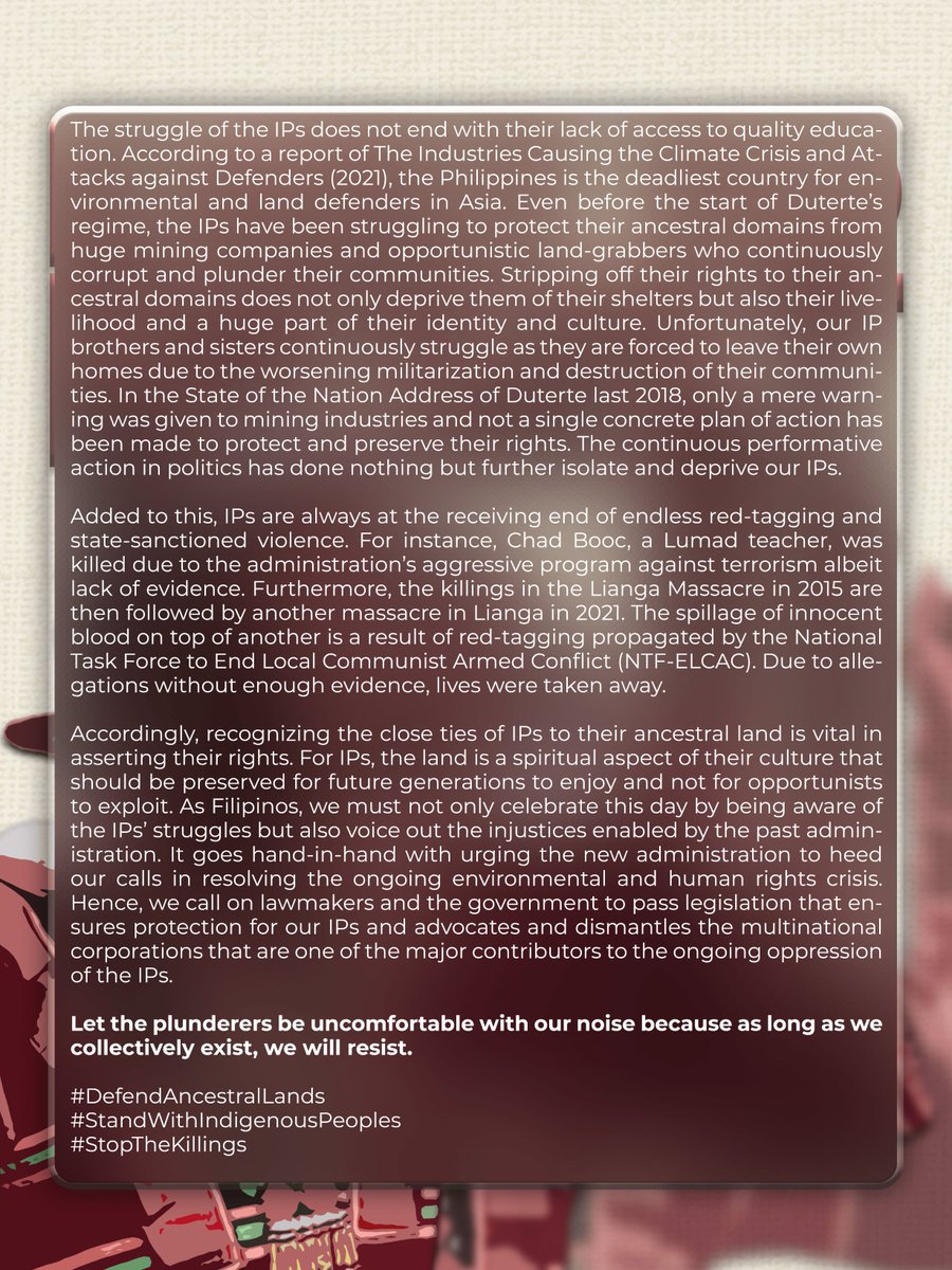 georjettee's tweet photo. Last August 9, we commemorate the International Day of World’s Indigenous People (IPs) by encouraging individuals to protect and promote the rights of our IP brothers and sisters who are struggling against the oppression they’ve been facing. 

#DefendAncestralLands https://t.co/fI6M0PJ9id