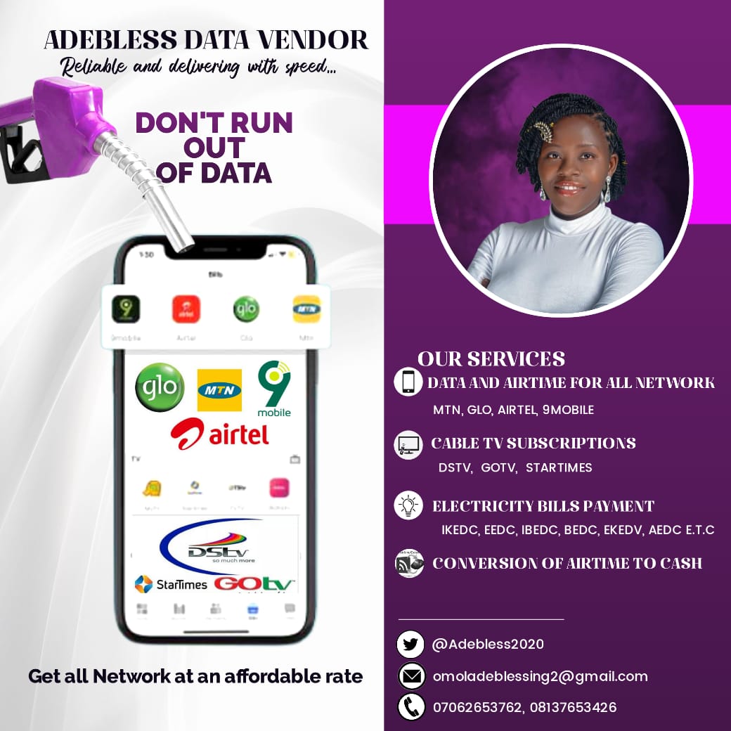 ADEBLESS2020's tweet photo. Good morning 🌎. I will be hoping for your Patronage today🙏. Blessings upon you all 🙏

I'm available for👇

➡️ Data Vending for giveaways

➡️ Cash Giveaway Disbursement

➡️ Cables Subscription

Kindly RT 🙏 https://t.co/hQG9NCKjHr