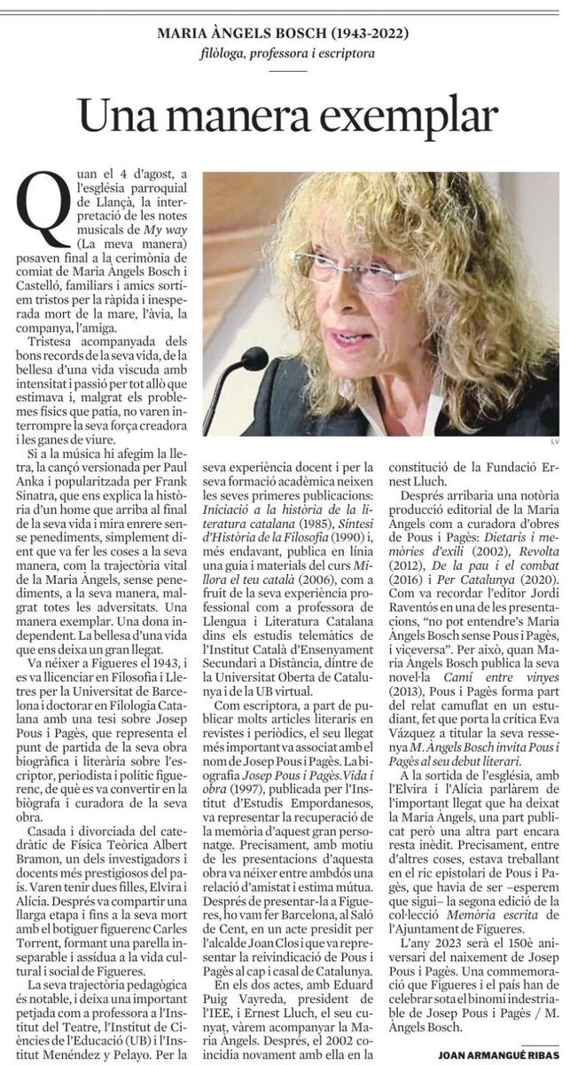 'Una manera exemplar', obituari de Maria Àngels Bosch, publicat a @LaVanguardia d'avui.