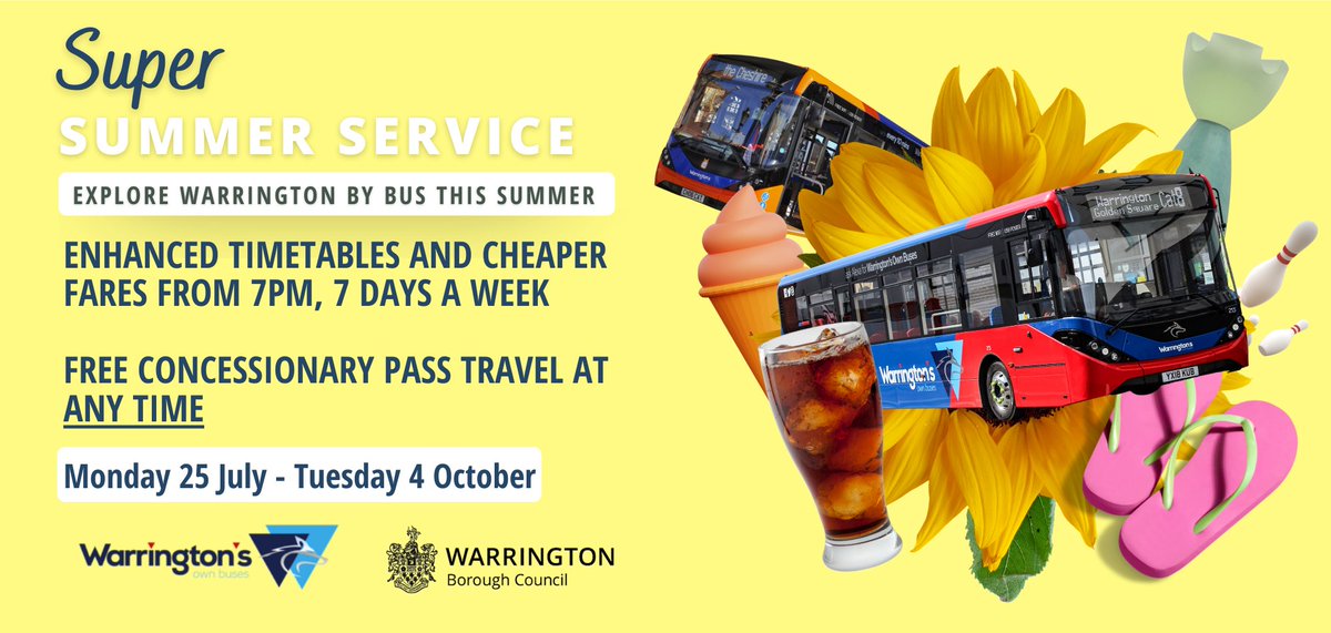 WarringtonBC's tweet photo. Donβt forget β concessionary bus pass holders can travel for free at any time until 4 October thanks to the #SuperSummerService π π
https://t.co/kiXhTKCSL7 @WarringtonBuses https://t.co/3481Xj4OiA