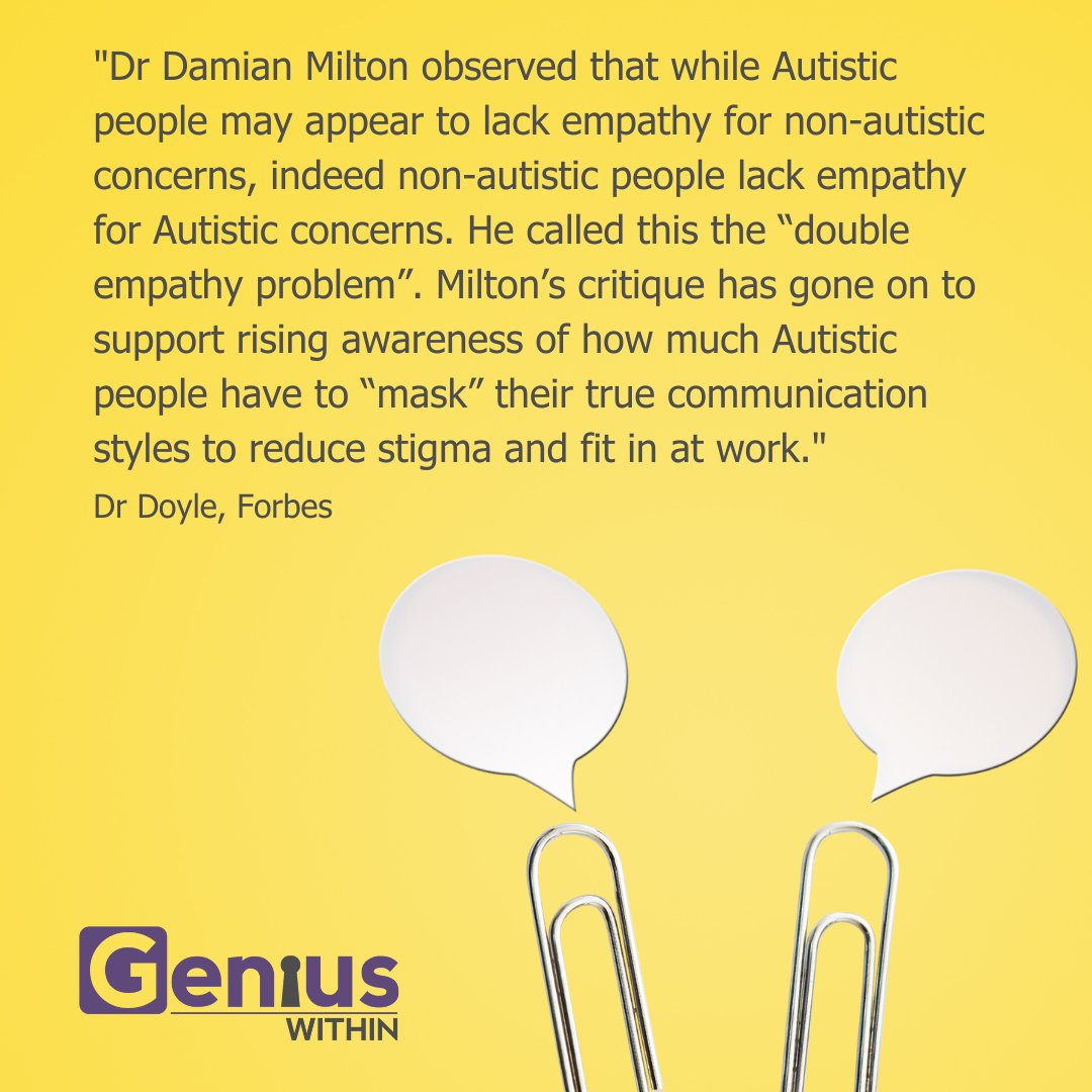 geniuswithinCIC's tweet photo. One of the most common #Myths about #Autistic people is that they lack empathy

This belief has led to #Stigma &amp; #Discrimination when in fact this difference in #Communication and #Empathy goes both ways.

Read more about this in Dr Doyle's Forbes piece 👇
https://t.co/SmOhf7HUnd https://t.co/vrVufqQiL7