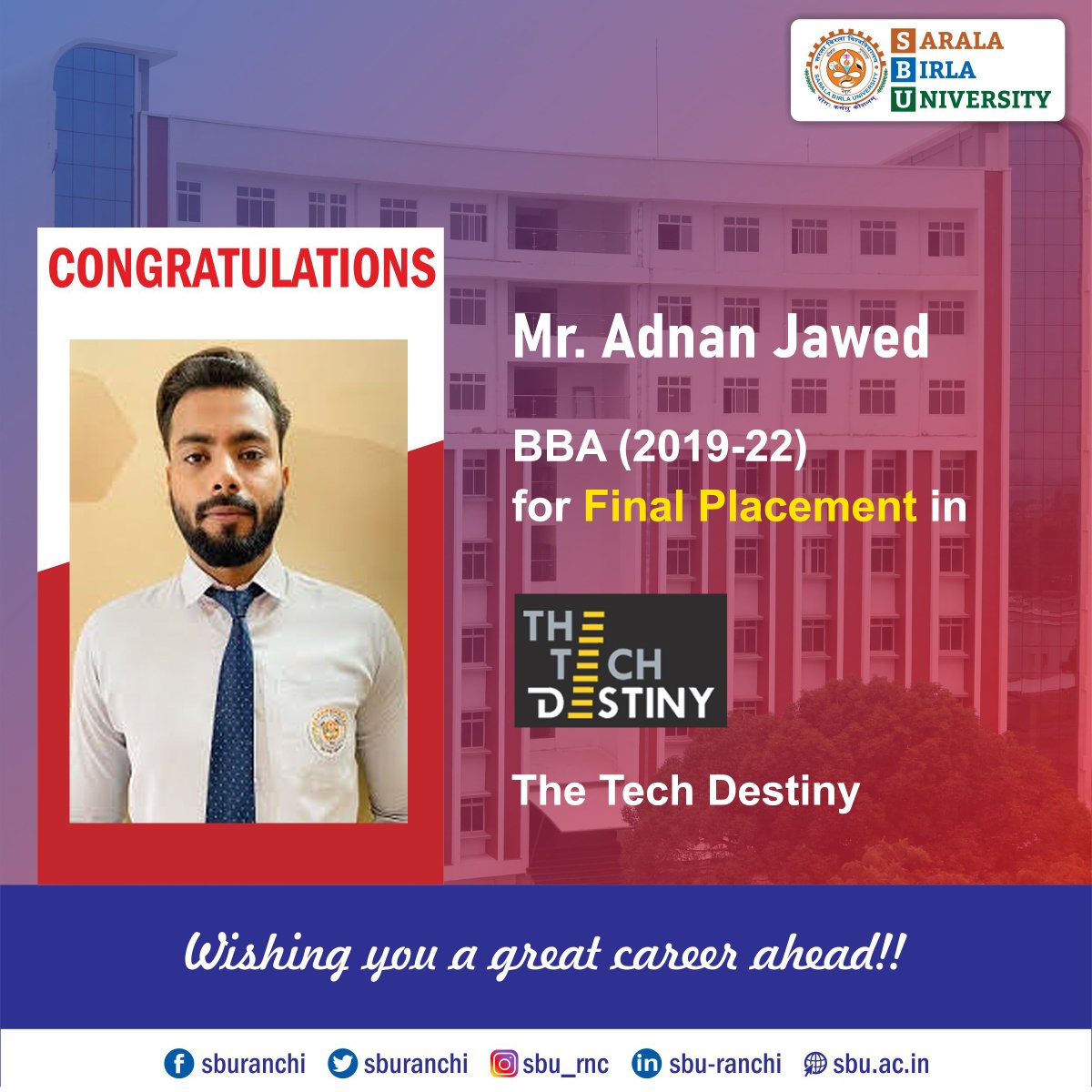 sburanchi's tweet photo. Congratulations to Mr. Adnan Jawed of BBA 2019-22 Batch students for his Final Placement in The Tech Destiny.
#sbu #sburanchi #campusplacement #finalplacement #bba #bbaplacement #thetechdestiny https://t.co/Cd2nfFJdTo