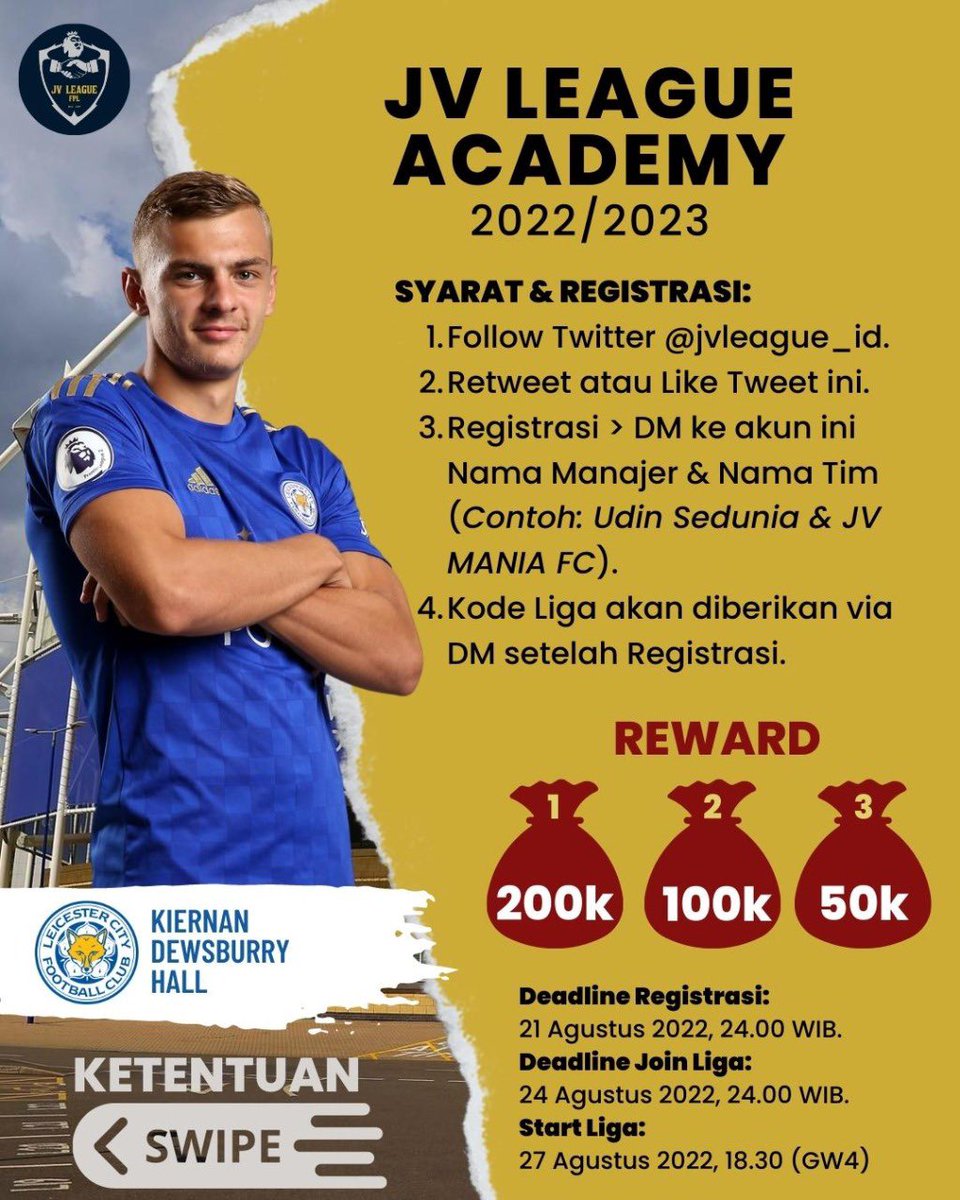 jvleague_id's tweet photo. Here We Go! 17.17!🚨🚨

🏆#JVLeagueAcademy 2022/2023🏆
- Follow twitter @jvleague_id 
- Retweet &amp; Like Tweet ini.
- Registrasi via DM.
- PERHATIKAN TIMELINE!
- Reward &amp; Another Detail, cek Poster.
- Start: GW 4

⛔️Deadline Registrasi: 21 Agustus 2022, 24.00 WIB⛔️
Cc: @pisangij01 https://t.co/J5ng8Ssr12