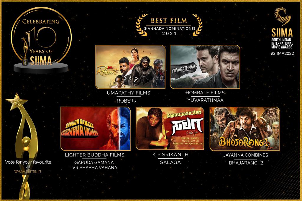 #SIIMANominations for Best Film - 2021 🏆

⭐ #Roberrt
⭐ #Yuvarathnaa
⭐ #GarudaGamanaVrishabhaVahana
⭐ #Salaga
⭐ #Bhajarangi2   

#DBoss #Appu #GGVV #Vijay #Shivanna
#10YearsofSIIMA #SIIMA2022 #Kannada