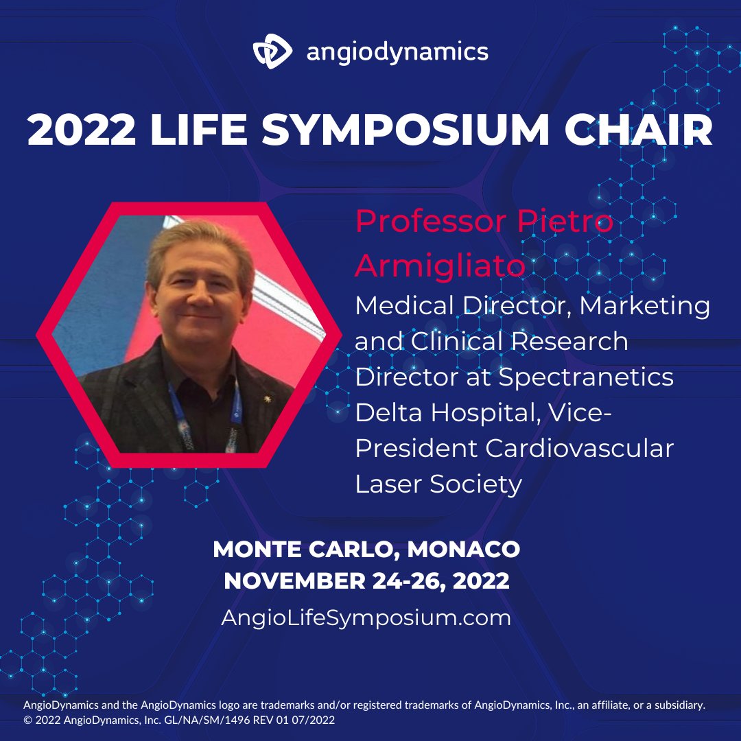 angiodynamics's tweet photo. The third chair announcement for the #LifeSymposium is Professor Pietro Armigliato! We are looking forward to Professor Armigliato joining us in Monte Carlo in November, bringing together the best in clinical data in the abdominal surgery, urology and cardiovascular fields. https://t.co/Q6KwYlT3fL
