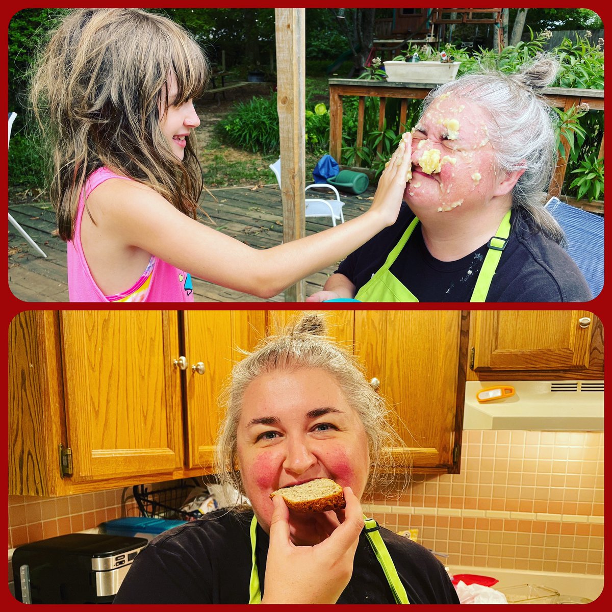 GoInsaneSuperHe's tweet photo. #174 
Show us, side-by-side, a photo of your parent’s or guardian’s face covered with mashed ripe bananas and in the second, second the same face, cleaned up and eating the banana bread. #gish #gish2022 @GISH @addieferber https://t.co/bi1i6Ec4Vr