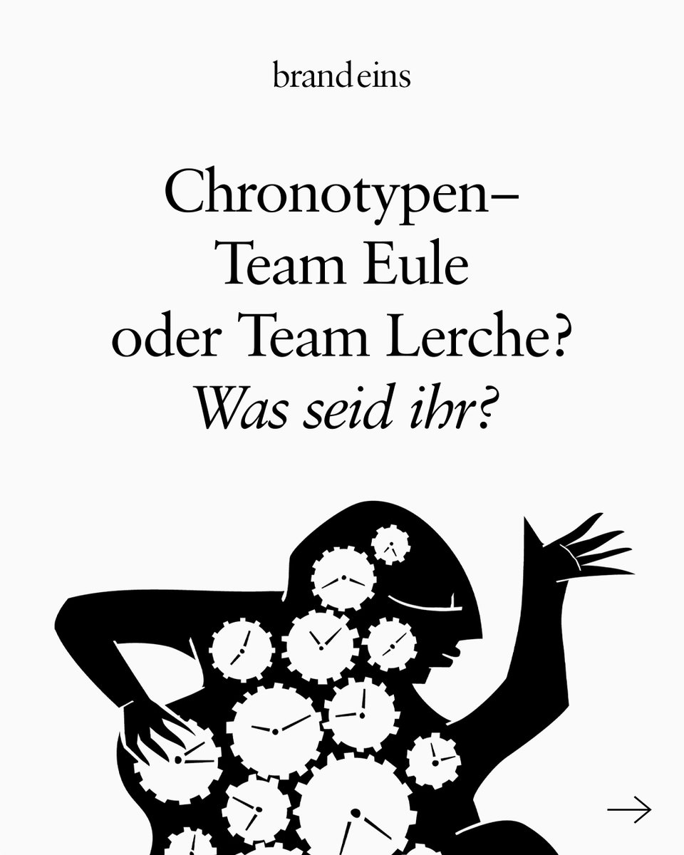 brandeins's tweet photo. In unserem aktuellen Schwerpunkt zum Nachtleben geht es auch um die Chronobiologie und die Frage, wie ungesund es ist, gegen die innere Uhr zu leben. Welcher Typ seid ihr? Eher Eule oder eher Lerche? 🐦 🦉
Die neue brand eins ⬇️
https://t.co/HcbSzL08Wq https://t.co/RP2jaMrEvf