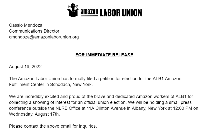 amazonlabor's tweet photo. It's official! Amazon workers at ALB1 in Schodach, New York have filed for a union election, seeking to be represented by the ALU!! 

See press release below for more details!
@AlbUnited #ALU https://t.co/3mFt1fcjfk