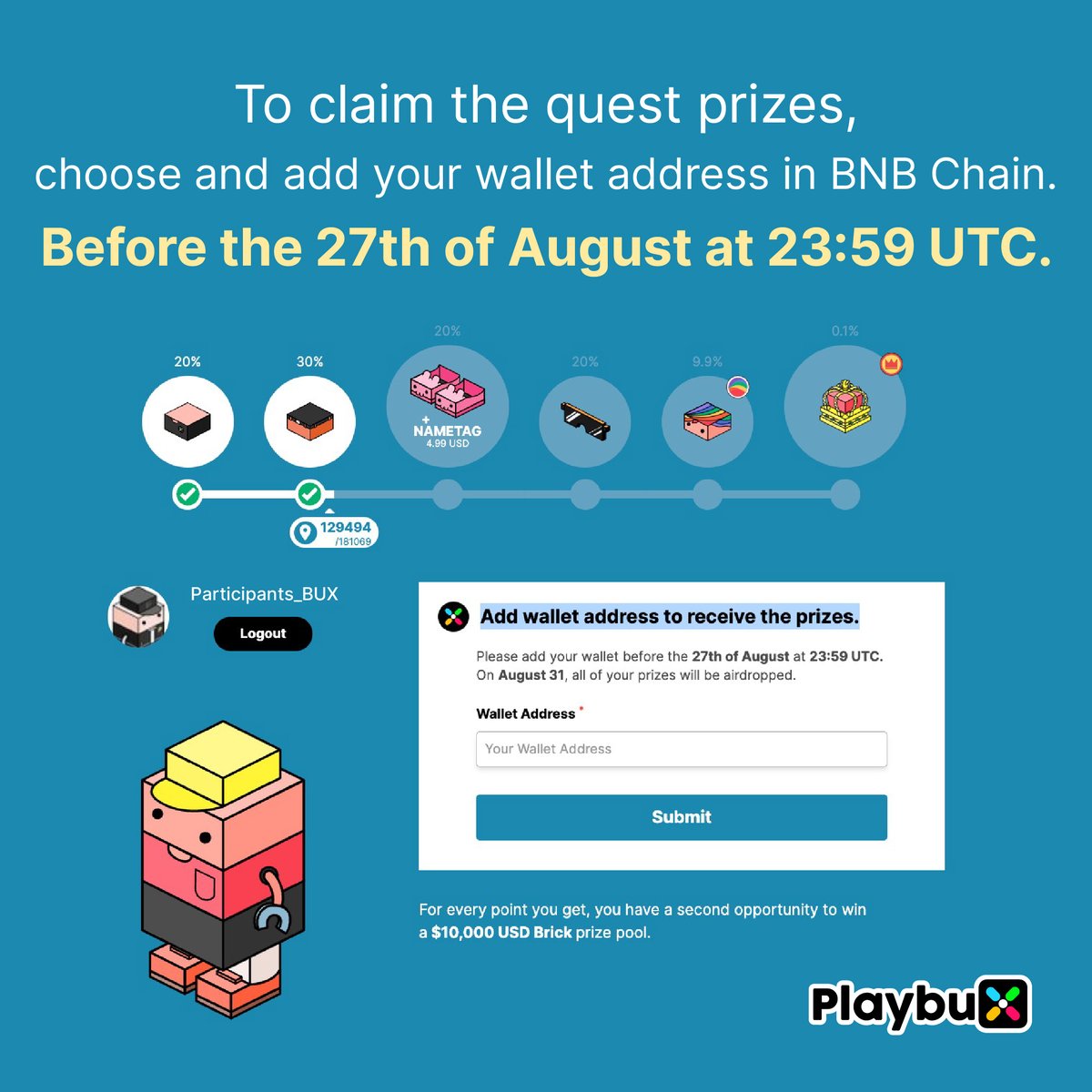 playbuxco's tweet photo. Please put your BNB Chain wallet address on the quest page. https://t.co/1ocNOsJHlz

#binancelabs  #binance
#bnbchain #Playbux 
#Shoptoearn #Metaverse 
#NFTs #NFTsDROP https://t.co/O3FXHBiXIZ