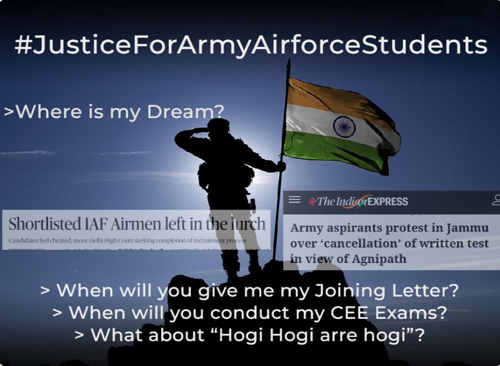 SitaraKadve's tweet photo. #JusticeForArmyAirforceStudents
#JusticeForArmyAirforceStudents
 CONDUCT CEE ARMY EXAM AND AIRFORCE RESULT 🙏
@narendramodi @rashtrapatibhvn @rajnathsingh https://t.co/ZsaB9geleK https://t.co/lYapKGVXIT