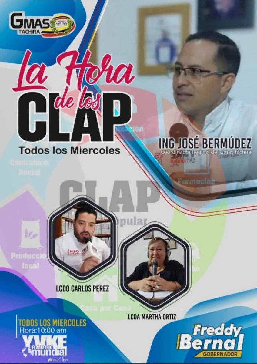 Hoy #Miercoles #17agosto Una nueva emisión de "La Hora de los Clap" el programa de las Comunidades por la 94.5 FM <a href="/YvkeTachira/">Yvke Tachira</a> a partir de las 8 am los esperamos
#ClapTachiraPoderPopular 
#SoyComunivadorClap
<a href="/FreddyBernal/">Freddy Bernal</a> <a href="/KaremDeBernal/">Karem Durán de Bernal</a> <a href="/BermudezJoseA/">Bermúdez José</a>