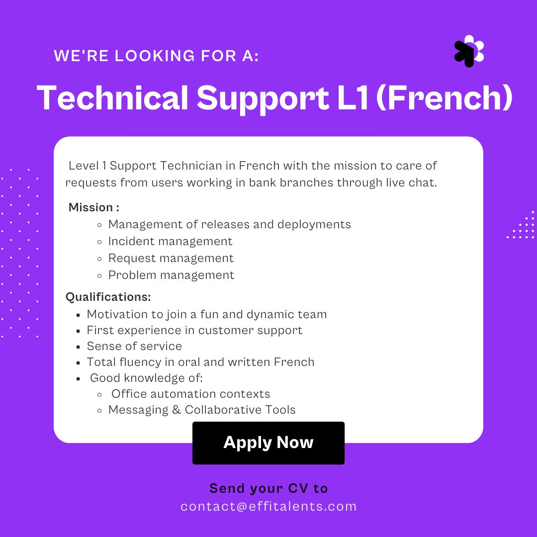 effitalents's tweet photo. We are #Hiring! 

Send your CV to contact@effitalents.com 

#TechJob #OpentoWork #TechSupport #TechnicalSupport #SupporteTechnico #JobsPortugal #PortugalTech #Porto #France #FrenchJobs https://t.co/YnPls0QFed