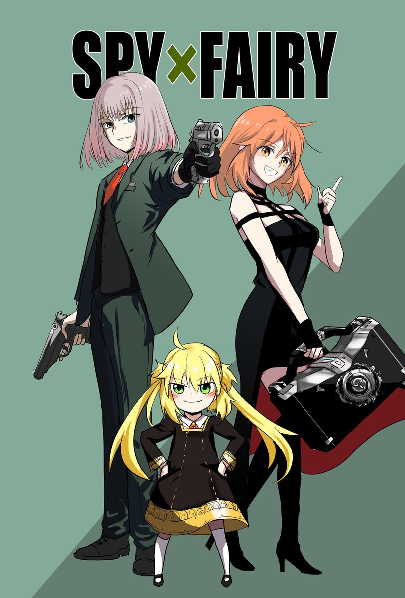 anya (spy x family) ,twilight (spy x family) 1boy cosplay weapon gun 2girls blonde hair multiple girls  illustration images