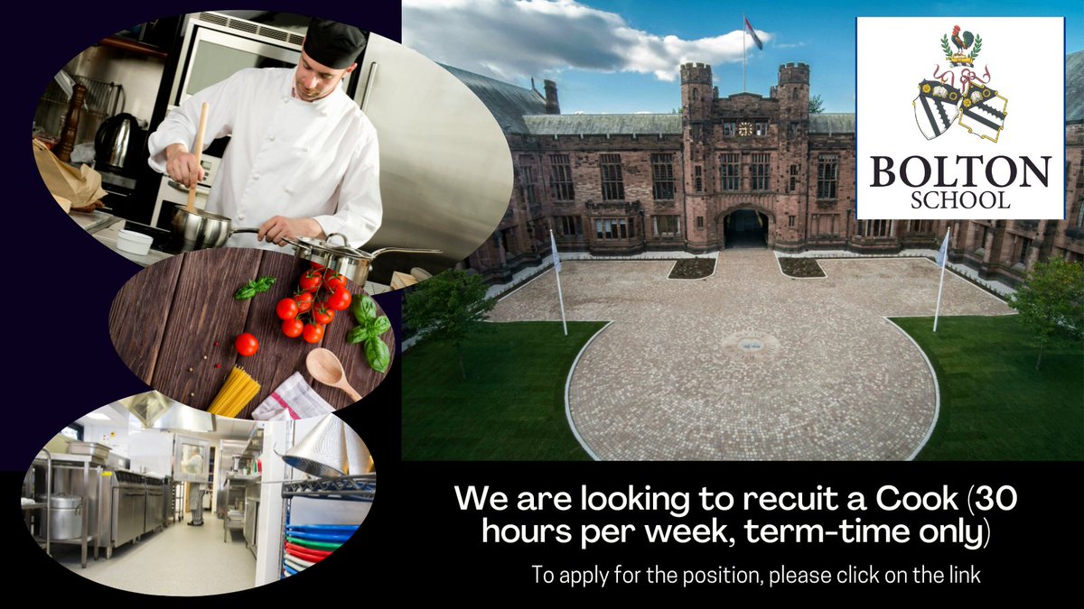 BoltonSch's tweet photo. VACANCY ALERT: We are currently advertising for a Cook (30 hours, term-time only). For further details and to apply for the position, please click on this link: https://t.co/aNJbpnrtT5
#hiring #cook #catering #termtimeworking #boltonjobs https://t.co/3kOIlaxgz2