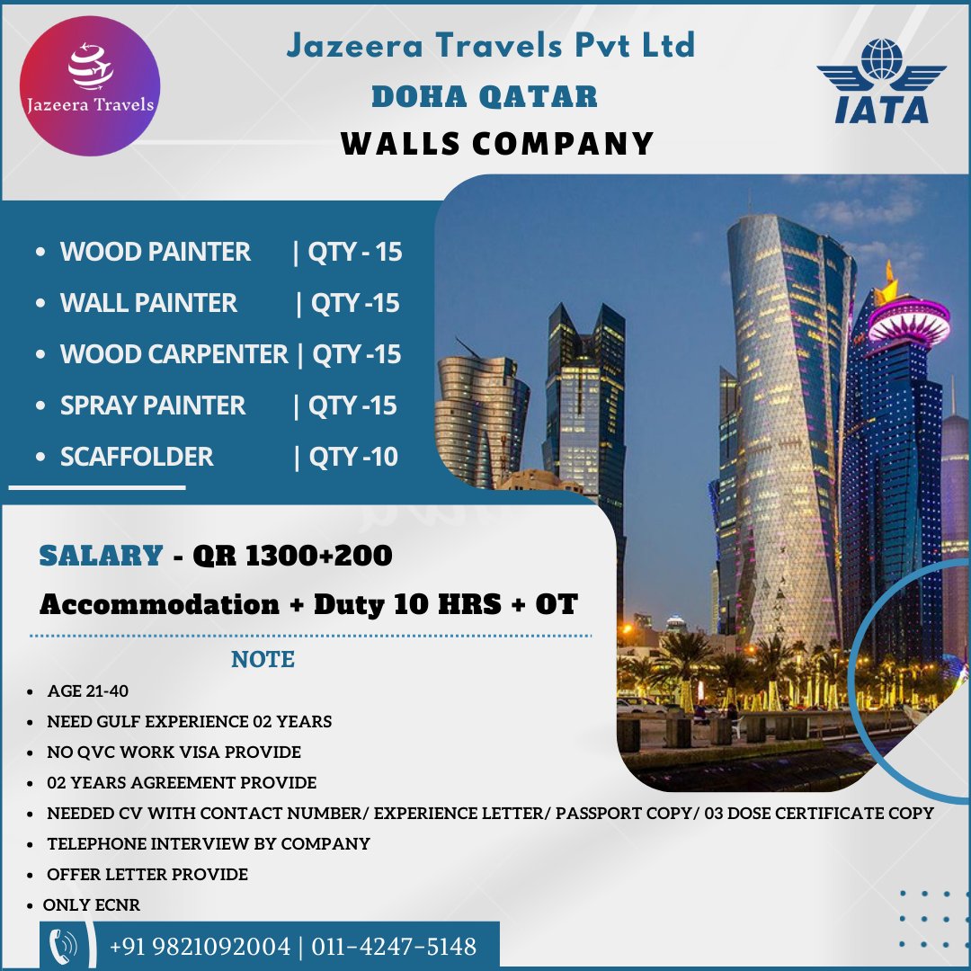 TravelsJazeera's tweet photo. Required For Doha Qatar | Walls Company
For More Information 👇 
🤳Contact Us -  +91 9821092004 | 011-4247-5148 |+91 9821072004 | 011-4108-5373 |+91 8448620970 https://t.co/kCP1D3qw6R