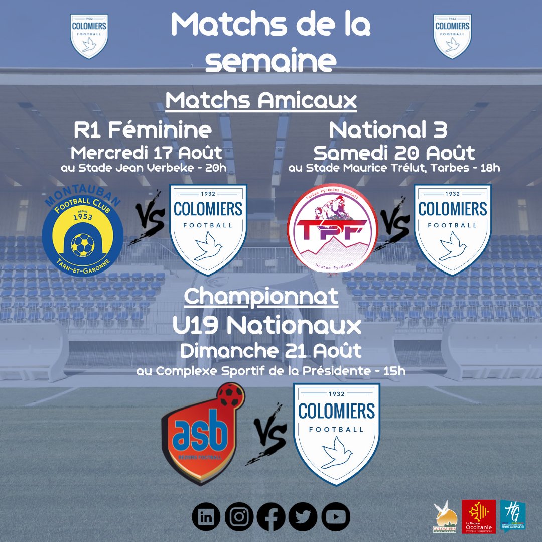 USColomiers's tweet photo. 📢Matchs de la semaine📢
Nos féminines font leur 1er match amical contre l'équipe de D2 du MFCTG🔥
Notre équipe fanion se déplace pour son dernier match de prépa contre l'équipe de Tarbes Pyrénées Football💪
Notre équipe U19 fait son 1er déplacement à l'AS Béziers🧳

Allez l'#USC https://t.co/kIJjCBLv6Y