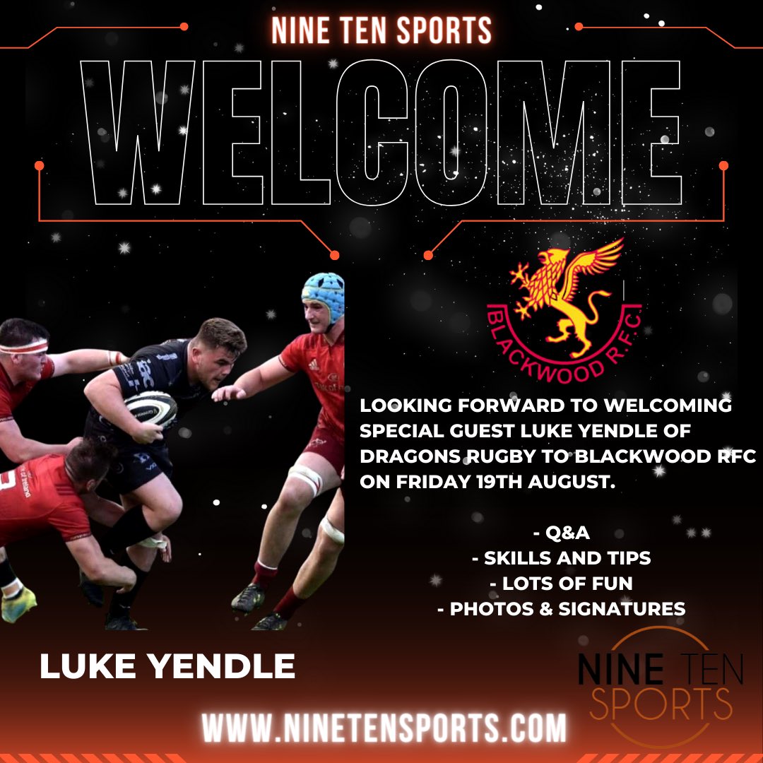 910Sports's tweet image. Special Guest 🚨

Looking forward to welcoming Luke Yendle of @dragonsrugby to @BlackwoodRugby on Friday 19th August.

Make sure you don’t miss this opportunity to meet Luke. Sign up at ninetensports.com to book your place now!

#learnlikeapro #rugby #summerskills