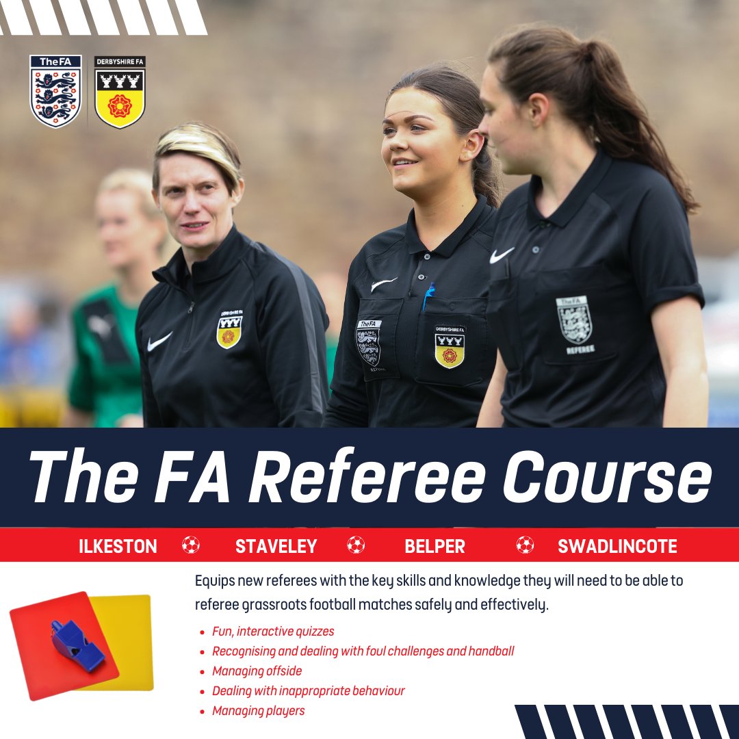 Derbyshire FA (@derbyshirefa) on Twitter photo ๐๐ก๐ ๐
๐ ๐๐๐๐๐ซ๐๐ ๐๐จ๐ฎ๐ซ๐ฌ๐ โฝ
Available to book at Ilkeston, Staveley, Belper & Swadlincote.
The course equips new referees with the key skills and knowledge needed to referee grassroots football matches.
Book online๐:
derbyshirefa.com/referees/develโฆ ๐๐ก๐ ๐
๐ ๐๐๐๐๐ซ๐๐ ๐๐จ๐ฎ๐ซ๐ฌ๐ โฝ
Available to book at Ilkeston, Staveley, Belper & Swadlincote.
The course equips new referees with the key skills and knowledge needed to referee grassroots football matches.
Book online๐:
derbyshirefa.com/referees/develโฆ