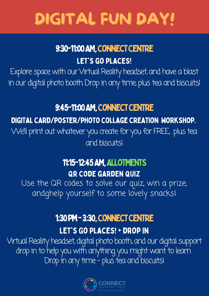 CCT_Digital's tweet image. Look at all the free activities at our digital fun day coming up next week! Join us for some laughs and free snacks 😍
#digitalinclusion @TrustConnect