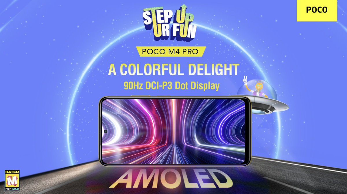 IndiaPOCO's tweet photo. A 90Hz Super AMOLED Display is reason enough to #StepUpUrFun with the #POCOM4Pro. Go grab it now @ ₹14,999 and add a new dimension to all your experiences. Get it @flipkart here: https://t.co/MZiPMHt3KY https://t.co/Pfca8BVYqI