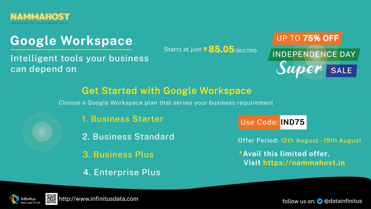 DataInfinitus's tweet photo. Professionalism at just ₹85.Visit https://t.co/y2ZAVmI8nb to book yours today! #googleworkspace #googleworks #googleworspaceforeducation #buildyourbrand #buildyourbusinessonline #businesstoolsforsuccess #businesstoolsandtips #entrepreneurlife #entrepreneurship #businessstarter https://t.co/DYTRIKwHi8