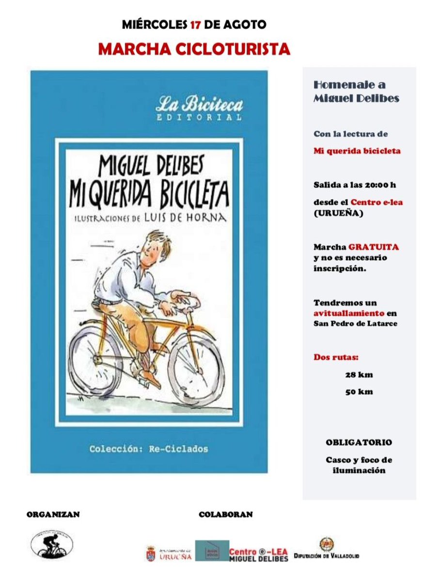 MiguelFundacion's tweet photo. Únete esta tarde, desde las 20:00h, a la marcha cicloturista en homenaje a Delibes y a su obra "Mi querida bicicleta", organizada por @JesusMemorial. Las rutas son por Urueña, Villardefrades y San Pedro de Latarce. Acude con tu bicicleta, casco y foco de iluminación.
¿Te animas? https://t.co/A9FYOJZINx