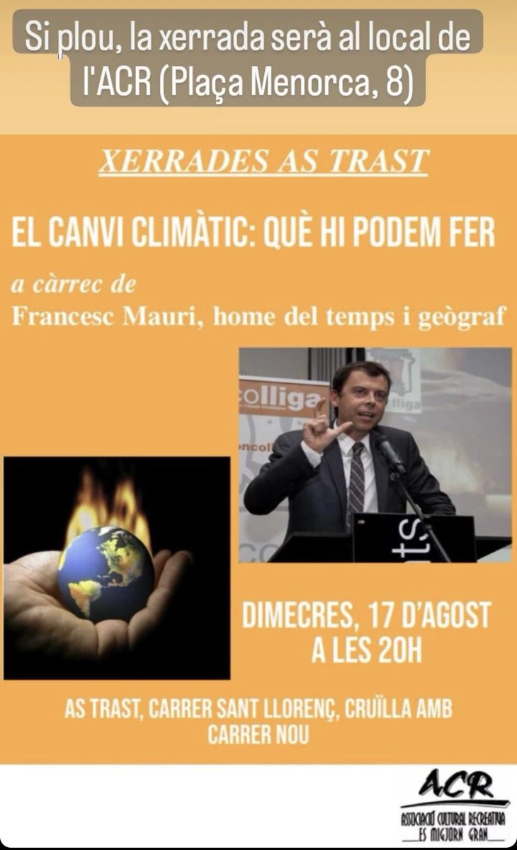 Si a les 20h plou la xerrada es farà al local de l’ACR. Plaça Menorca, 8. #canviclimàtic <a href="/menorcaaldia/">menorcaaldia</a> <a href="/Meteo_Menorca/">Meteo Menorca</a> <a href="/TempsMenorca/">Temps Menorca</a>