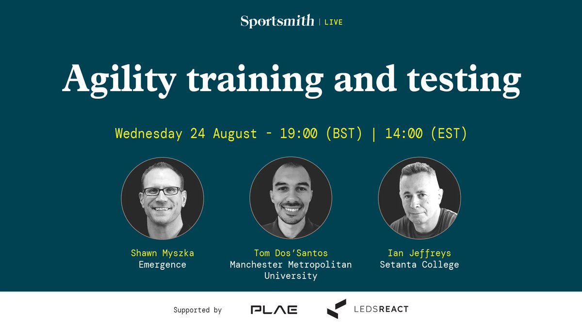 Only a week to go before we host Ian Jeffreys, @TomDosSantos91 and @MovementMiyagi for our latest roundtable focusing on agility training. We will discuss creating agility drills to maximise transfer to the field/court as well as many other things. sportsmith.co/live/agility-t…