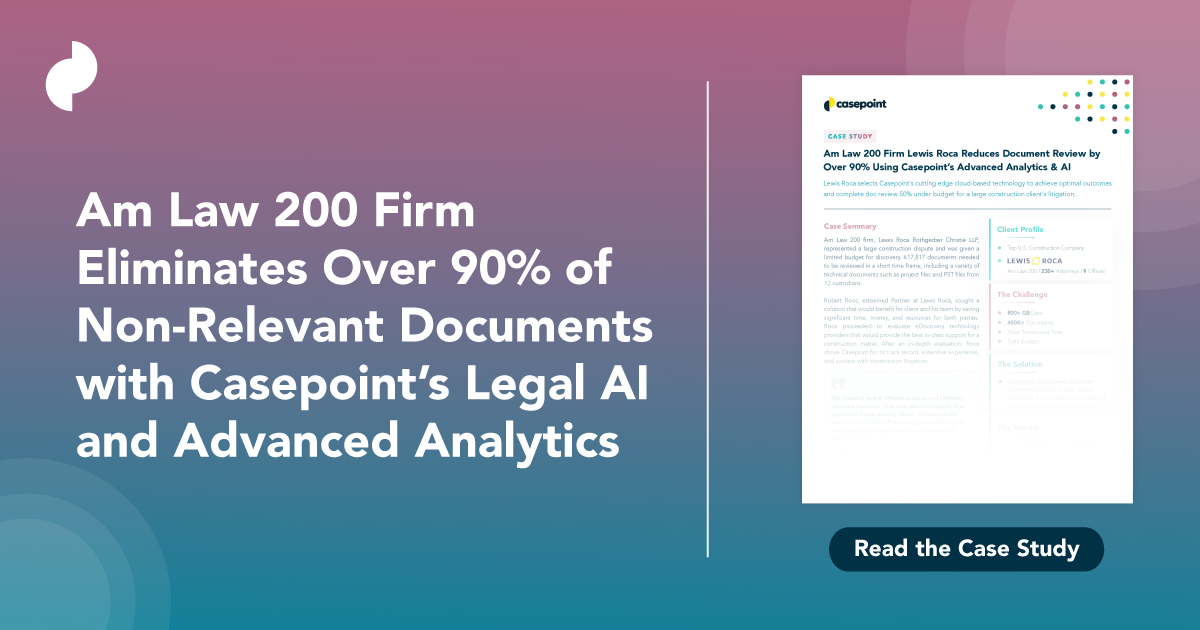 Casepoint's tweet image. One Am Law 200 Firm reduced their document review time by over 90%! How did they do it? The answer is AI and machine learning. Check out this case study to learn more: hubs.la/Q01kc3qY0

#ai #legaltech #AdavancedAnalytics #eDiscovery #WeAreILTA #ILTACON22