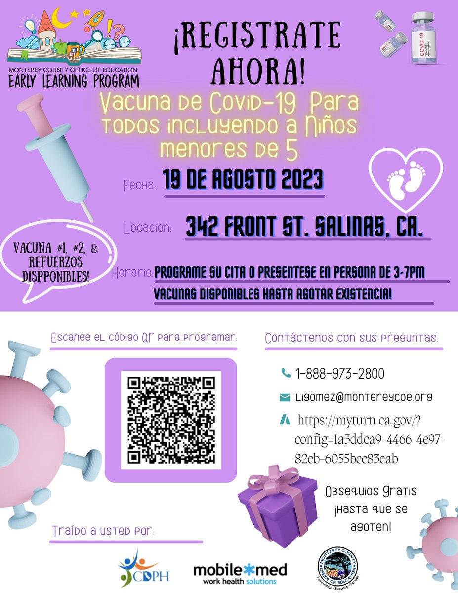 MCOE_Now's tweet photo. 💜 Reminder! The MCOE Early Learning Program is hosting a COVID-19 Vaccine Clinic for everyone, including children under five years old, this friday! Giveaways and activities will be available for your kids! 
Register or walk in to get vaccinated while supplies last. https://t.co/0Lizhc2YyB