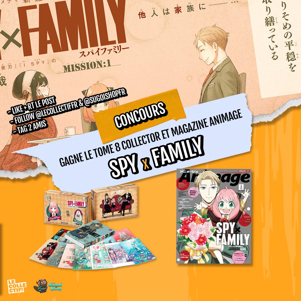 LeCollectifFR's tweet photo. 🏆CONCOURS🏆

Avec @SUGOISHOPFR, nous vous offrons le tome 8 collector de Spy x Family et le magazine Animage avec Loid et Anya en couverture !
Pour participer : 

- Follow @LeCollectifFR &amp; @SUGOISHOPFR 👈
- Like + RT le tweet 🔁
- Mentionne 2 potes🤝

T.A.S le 31 Août ! https://t.co/16FbnhSnVs
